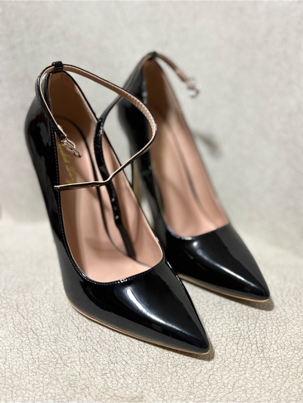 Patent Black Pointed-Toe Heels with Ankle Strap